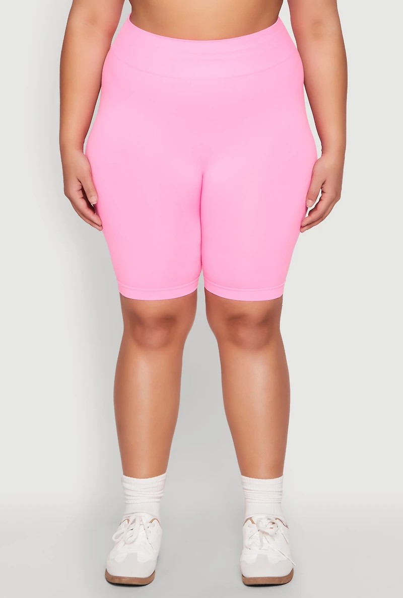 Womens Plus Size High Waist Seamless Biker Shorts, Pink, Size 1X-2X