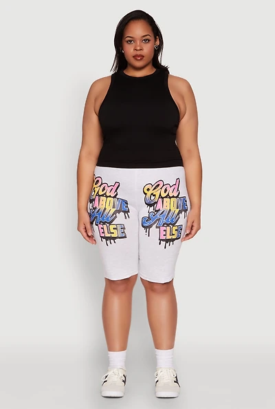 Womens Plus Size God Above All Else Graphic Biker Shorts, Grey, Size 1X