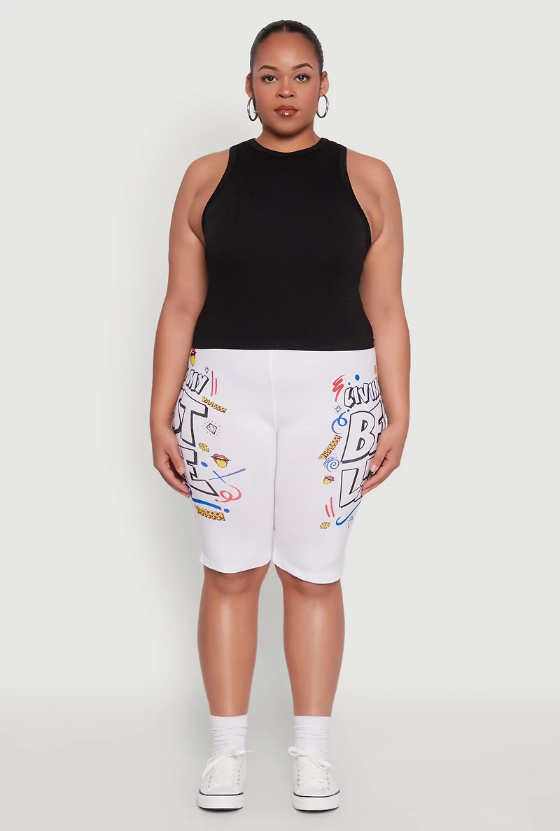 Womens Plus Size Living My Best Life Graphic Shorts, White, Size 2X