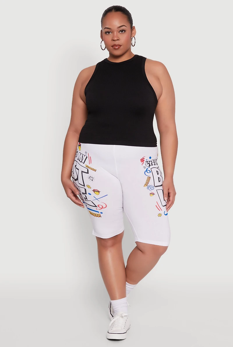 Womens Plus Size Living My Best Life Graphic Shorts, White, Size 2X
