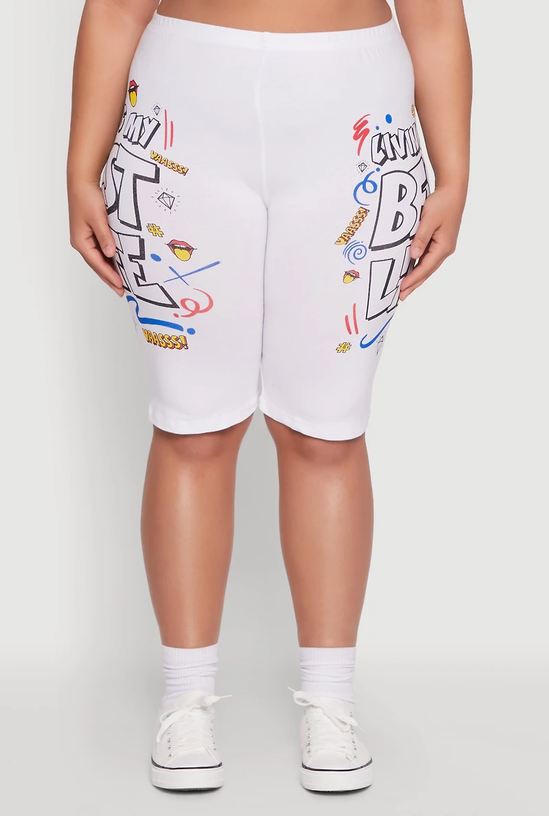 Womens Plus Size Living My Best Life Graphic Shorts, White, Size 1X