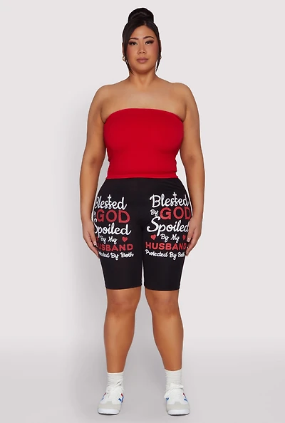 Plus Blessed By God Graphic Biker Shorts