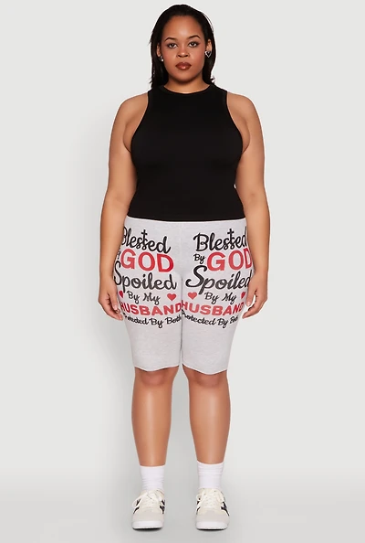 Womens Plus Blessed By God Graphic Biker Shorts, Grey,