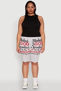 Womens Plus Blessed By God Graphic Biker Shorts, Grey,