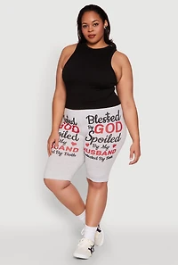 Womens Plus Blessed By God Graphic Biker Shorts, Grey,