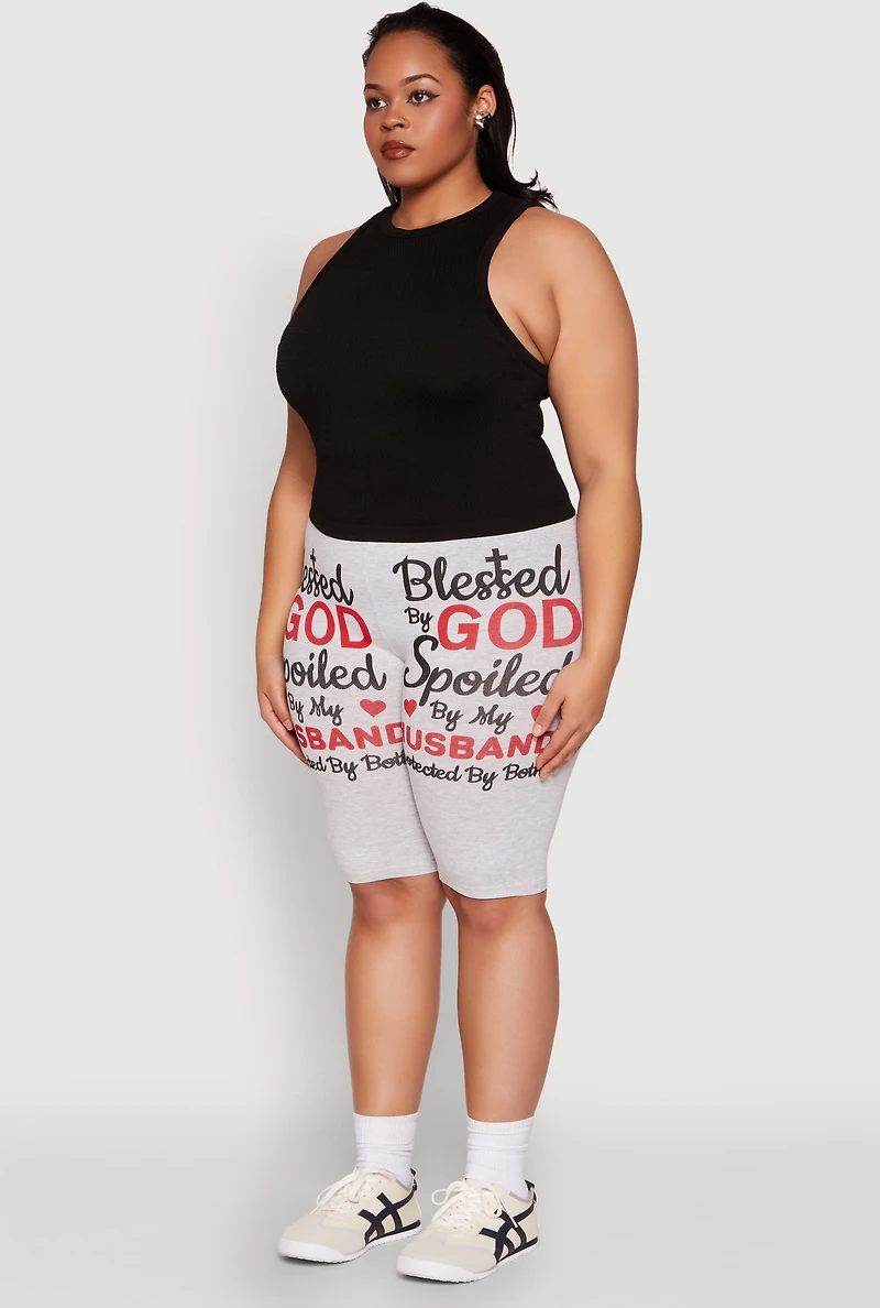 Womens Plus Blessed By God Graphic Biker Shorts, 1X