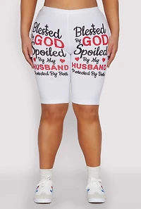 Womens Plus Blessed By God Graphic Biker Shorts, White,