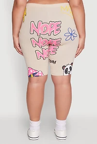 Womens Plus Size Nope Graffiti Graphic Biker Shorts, Khaki, Size 3X