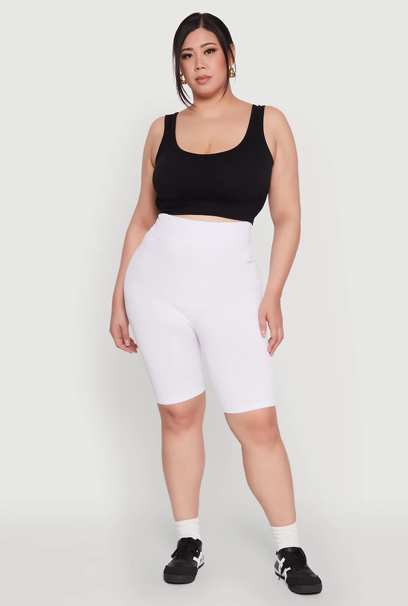 Womens Plus Size Seamless High Waist Cycling Shorts, White, Size 1X-2X