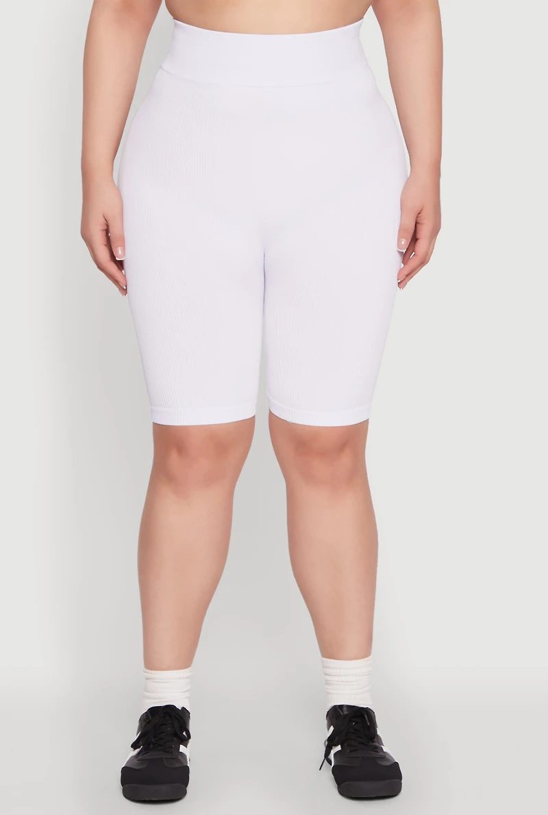 Womens Plus Size Seamless High Waist Cycling Shorts, White, Size 1X-2X