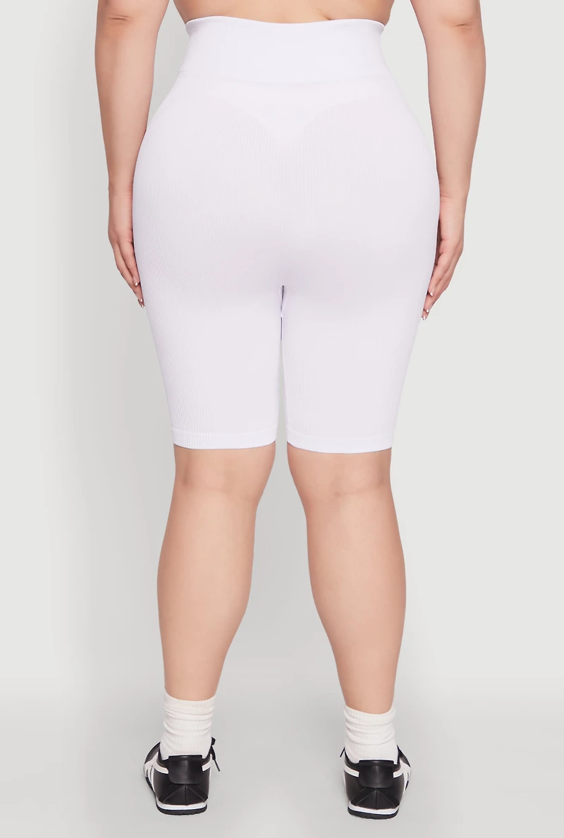 Womens Plus Seamless High Waist Cycling Shorts, White,