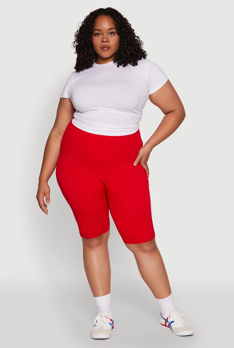 Womens Plus Size Seamless High Waist Cycling Shorts, Red, Size 1X-2X