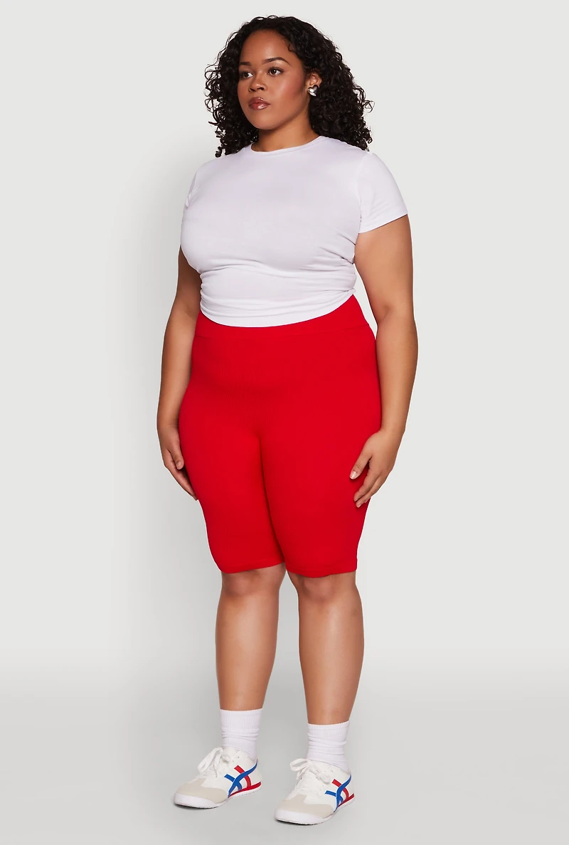 Womens Plus Size Seamless High Waist Cycling Shorts, Red, Size 1X-2X