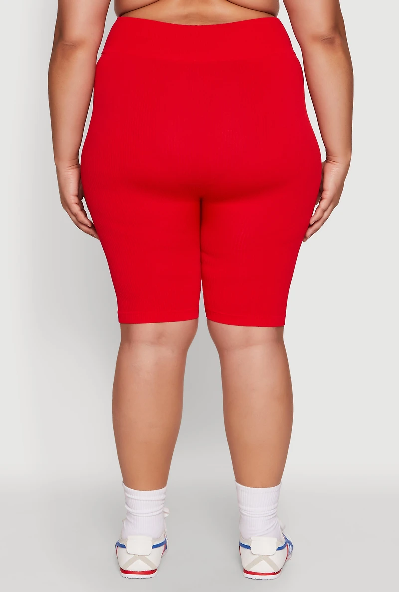 Womens Plus Size Seamless High Waist Cycling Shorts, Red, Size 1X-2X