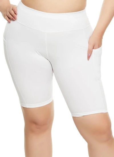 Womens Plus High Waisted Cell Phone Pocket Biker Shorts, White,
