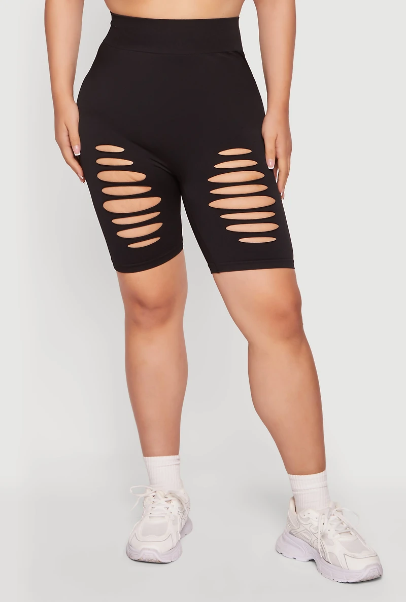 Plus High Waisted Seamless Laser Cut Bike Shorts