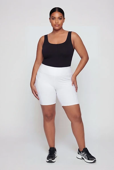 Plus Solid High Waisted Bike Shorts with Pockets