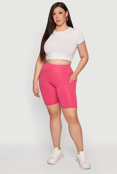 Plus Solid High Waisted Bike Shorts with Pockets