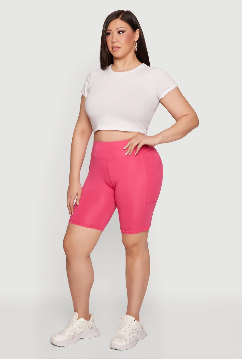 Plus Solid High Waisted Bike Shorts with Pockets