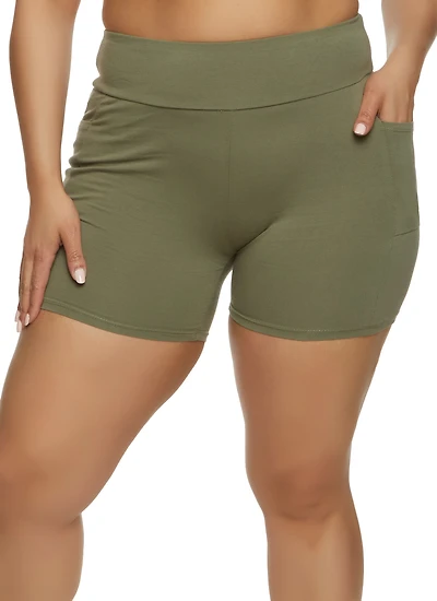Womens Plus Size Basic Cell Phone Pocket Biker Shorts, Green, Size 1X