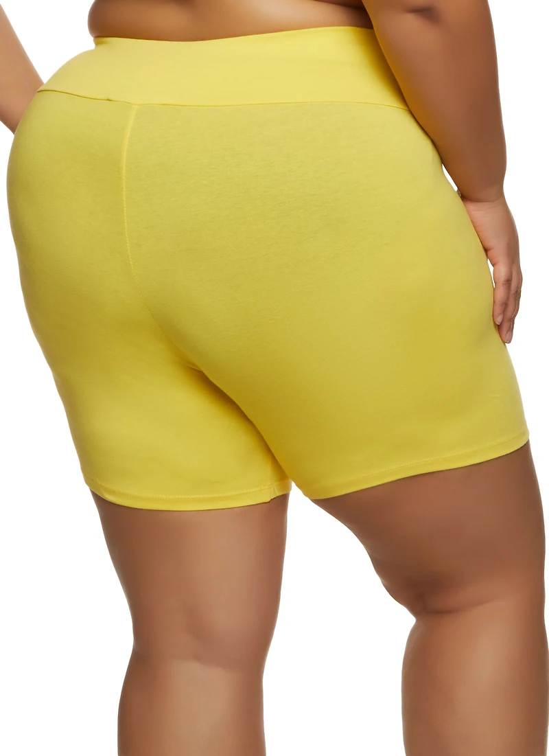 Womens Plus Wide Waistband Bike Shorts, Yellow,