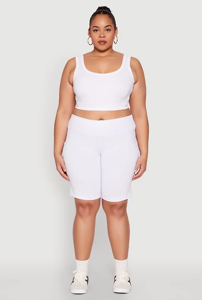 Womens Plus Cell Phone Pocket Biker Shorts, White,