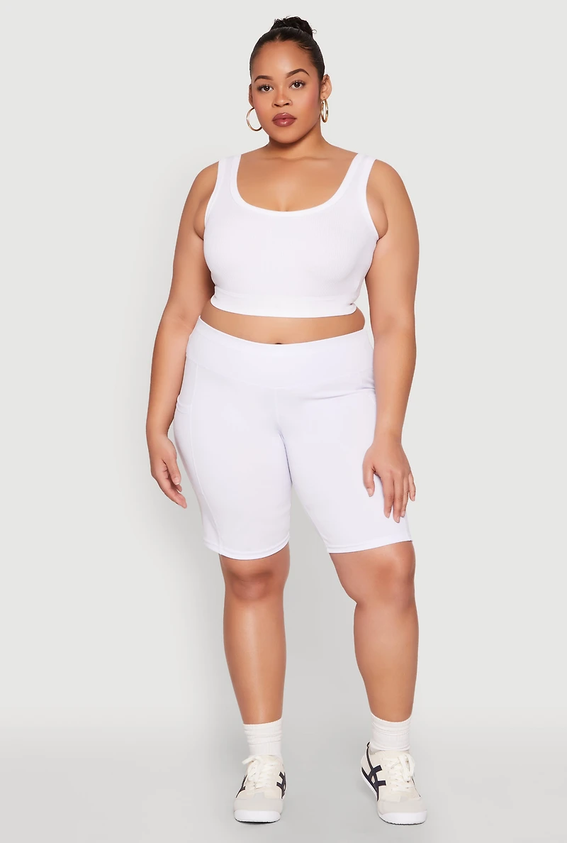Womens Plus Cell Phone Pocket Biker Shorts, White,