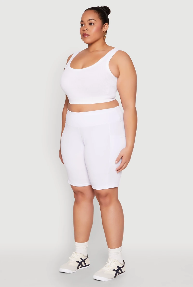 Womens Plus Cell Phone Pocket Biker Shorts, White,