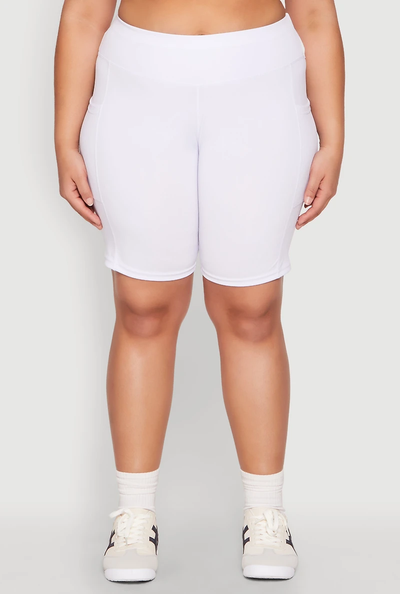 Womens Plus Cell Phone Pocket Biker Shorts, White,