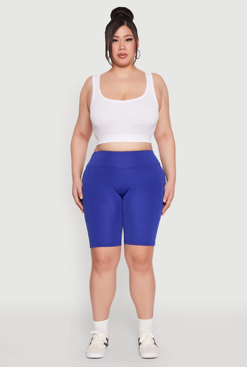 Womens Plus Size Cell Phone Pocket Biker Shorts, Blue, Size 3X