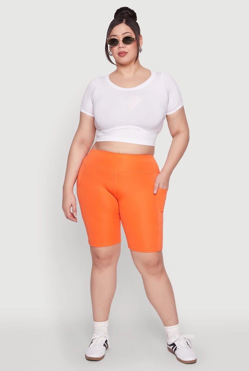 Womens Plus Cell Phone Pocket Biker Shorts, Orange,