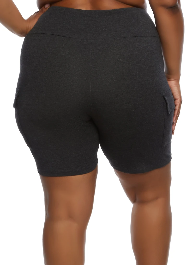 Womens Plus Cargo Pocket Detail Biker Shorts, 1X
