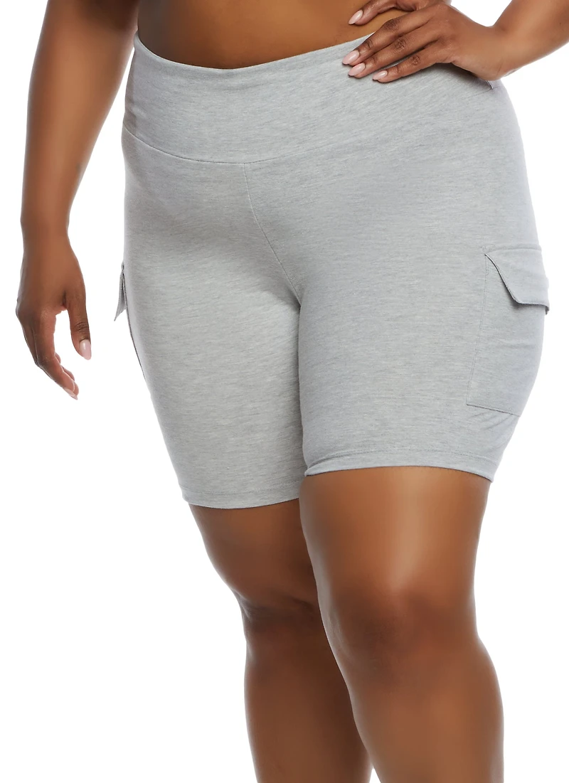 Womens Plus Size Cargo Pocket Detail Biker Shorts, Grey, Size 1X