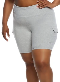 Womens Plus Size Cargo Pocket Detail Biker Shorts, Grey, Size 1X