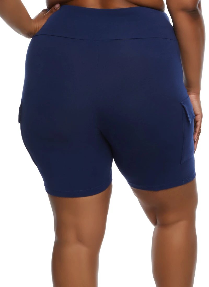 Womens Plus Size Cargo Pocket Detail Biker Shorts, Blue, Size 2X