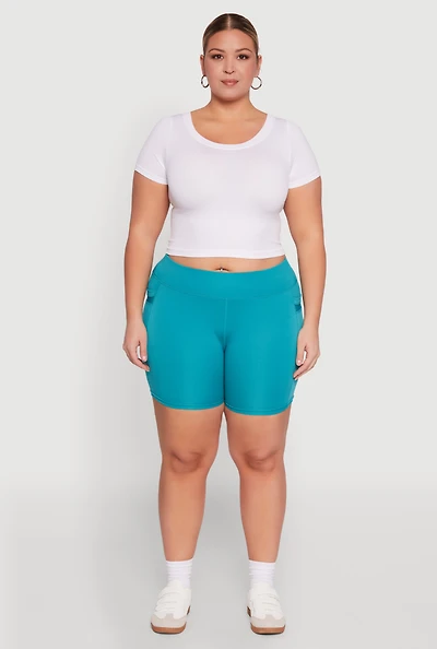 Womens Plus High Waisted Biker Shorts with Cell Phone Pockets,