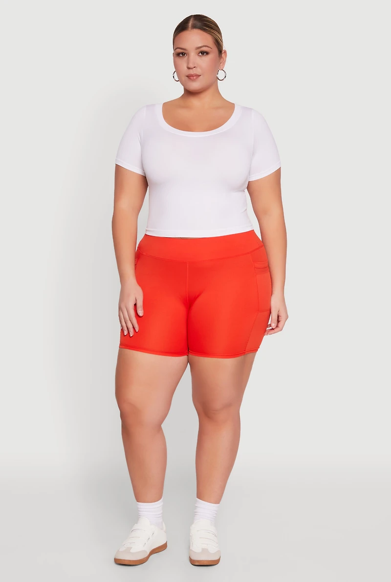 Womens Plus High Waisted Biker Shorts with Cell Phone Pockets, Red,