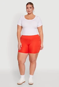 Womens Plus High Waisted Biker Shorts with Cell Phone Pockets, Red,