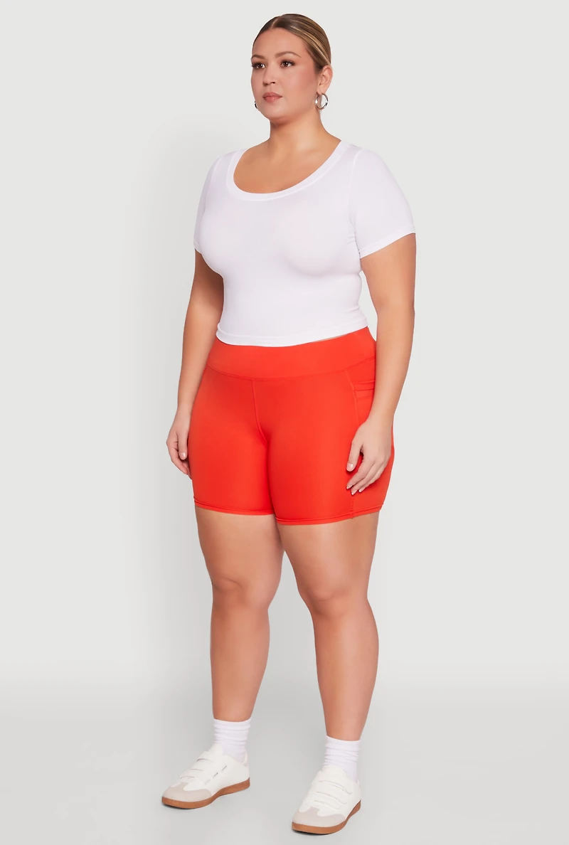 Womens Plus Size High Waisted Biker Shorts with Cell Phone Pockets, Red, Size 1X