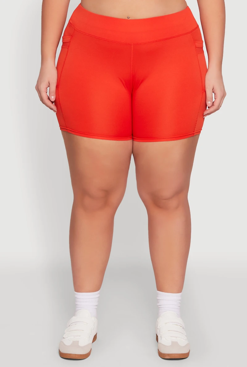 Womens Plus Size High Waisted Biker Shorts with Cell Phone Pockets, Red, Size 1X