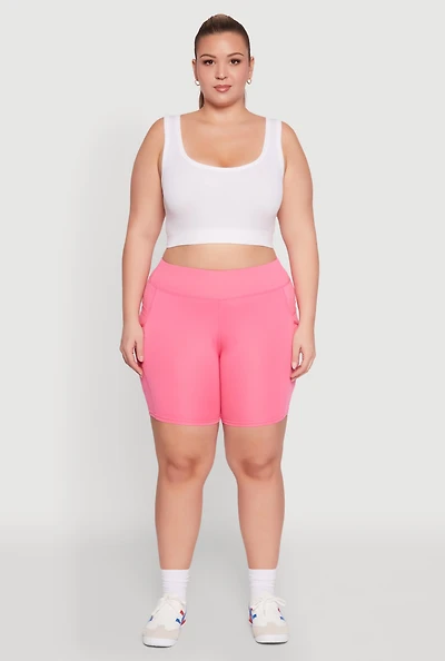 Womens Plus Size Caged Mesh Cell Phone Pocket Biker Shorts, Pink, Size 1X