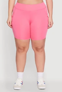 Womens Plus Size Caged Mesh Cell Phone Pocket Biker Shorts, Pink, Size 1X