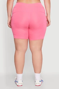 Womens Plus Size Caged Mesh Cell Phone Pocket Biker Shorts, Pink, Size 1X