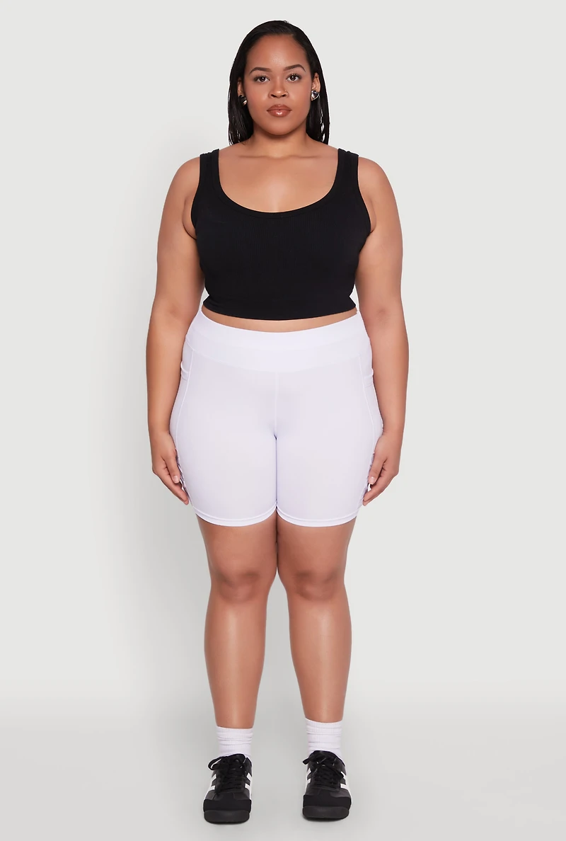Womens Plus Size Caged Mesh Detail Side Pocket Bike Shorts, White, Size 2X