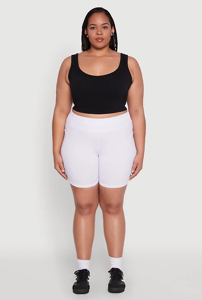 Womens Plus Size Caged Mesh Detail Side Pocket Bike Shorts, White, Size 2X