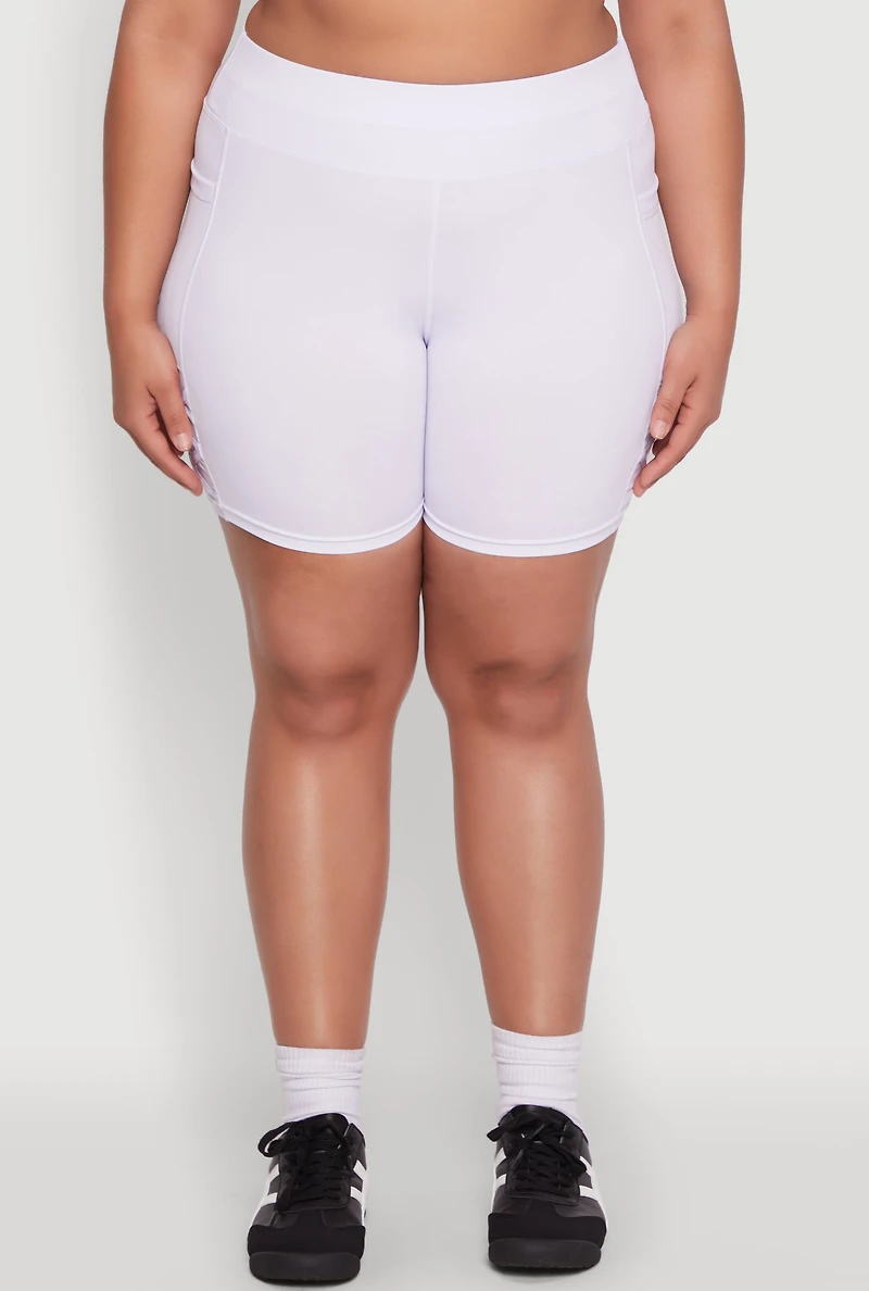 Womens Plus Size Caged Mesh Detail Side Pocket Bike Shorts, White, Size 2X
