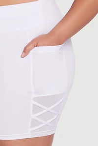 Womens Plus Size Caged Mesh Detail Side Pocket Bike Shorts, White, Size 2X