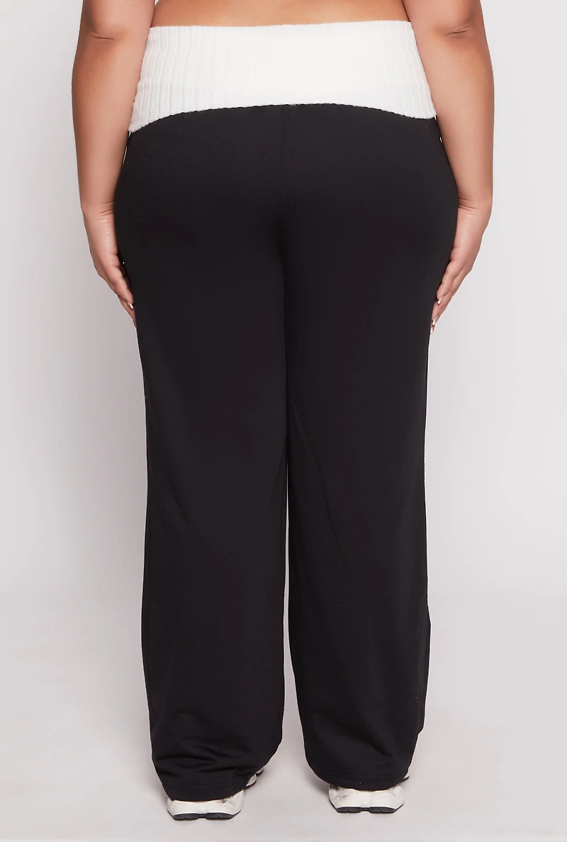 Plus Two Tone Waistband Wide Leg Sweatpants