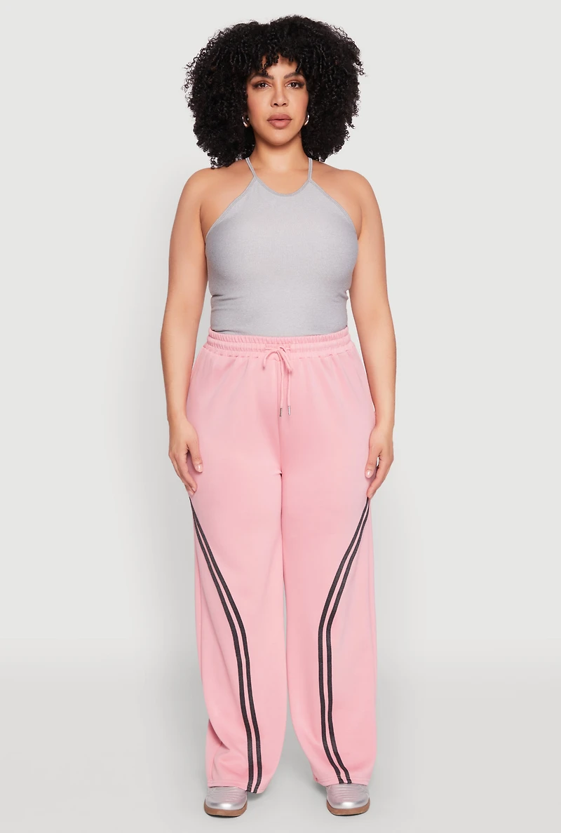 Womens Plus Size Contrast Trim High Waisted Sweatpants, Pink, Size 1X