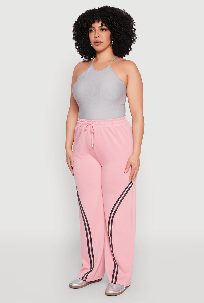 Womens Plus Size Contrast Trim High Waisted Sweatpants, Pink, Size 1X